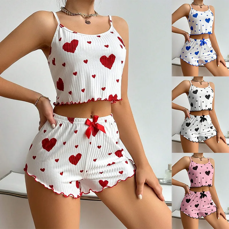 Women's Pajamas Set Sleepwear 2 PCS Short Tank Tops and Shorts Soft Casual Love Printing S M L
