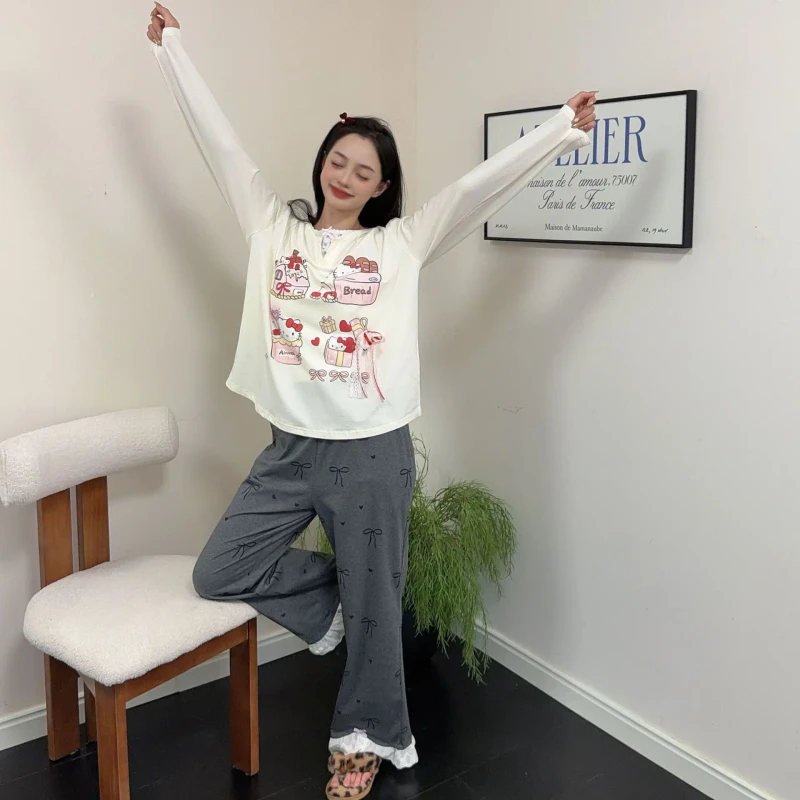 Women's Pajamas Spring and Autumn Loose Round Neck Cute Hello Kitty Homewear Casual Long Sleeve Long Pants Homewear Two-Piece Set