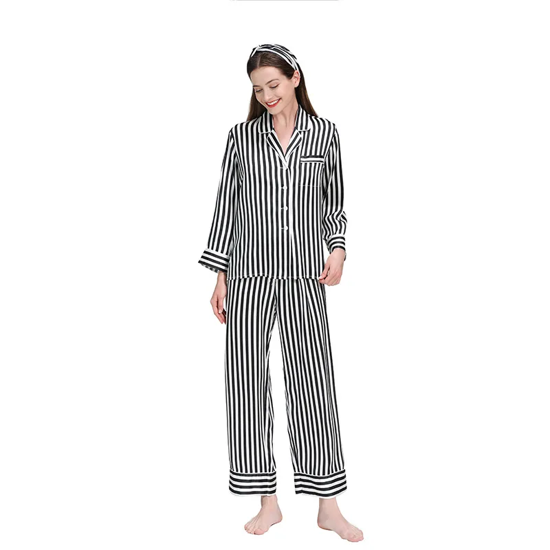 Women's Pajamas Summer 100% Natural Silk Mulberry Silk Long Sleeve Pants Striped Plus Size Loose Pajamas