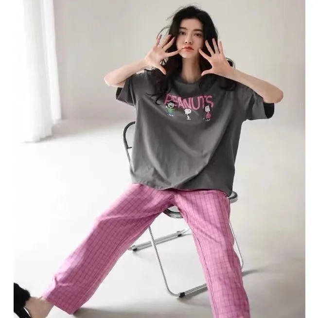Women's Pajamas Summer Cartoon Cute Thin Outerwear Casual Short Sleeve Long Pants Summer Student Homewear