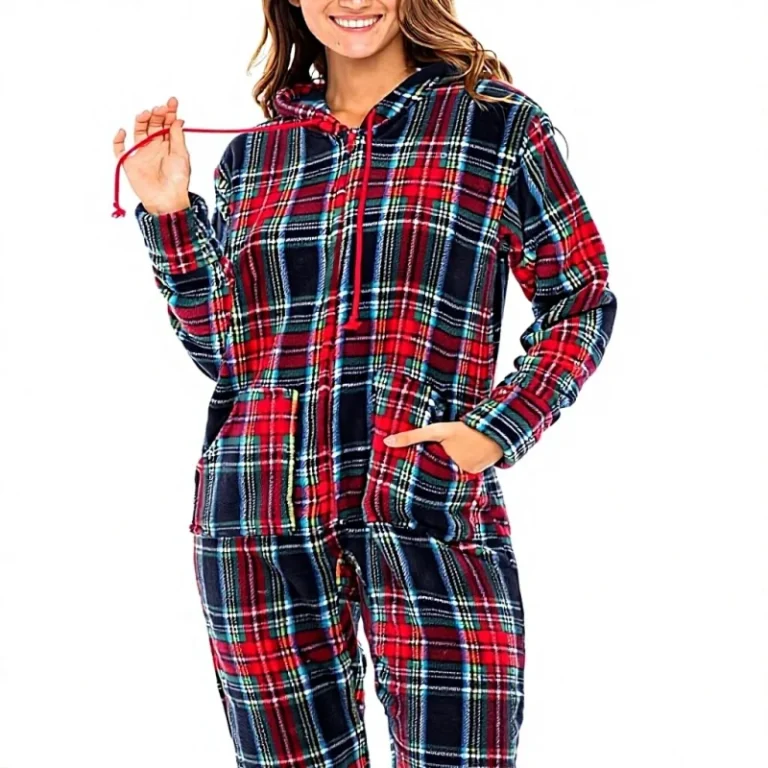 Womens-Plaid-Long-Sleeve-Hooded-Fleece-Adult-Onesie-Pajamas