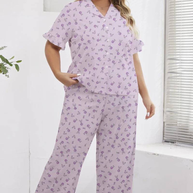 Women's Plus Size Breathable Woven Sleepwear Set Elastic Waist Elegant Botanical Print Pajama for Home Lounge Soft Sexy Casual