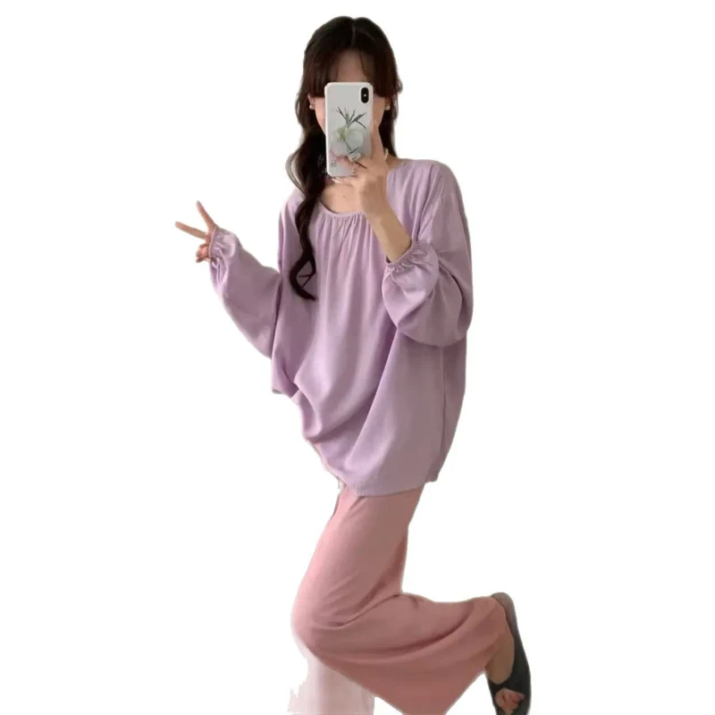 Women's Plus Size Casual Summer Breathable Loose Fit Sleepwear Solid Color Pajamas Set Elastic Waist Home Wear