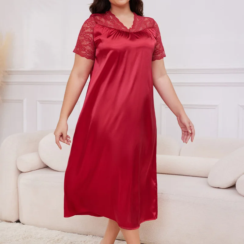 Women's Plus Size Sleepwear Spring Summer Satin Nightdress Lace Short Sleeve Lounge Dress