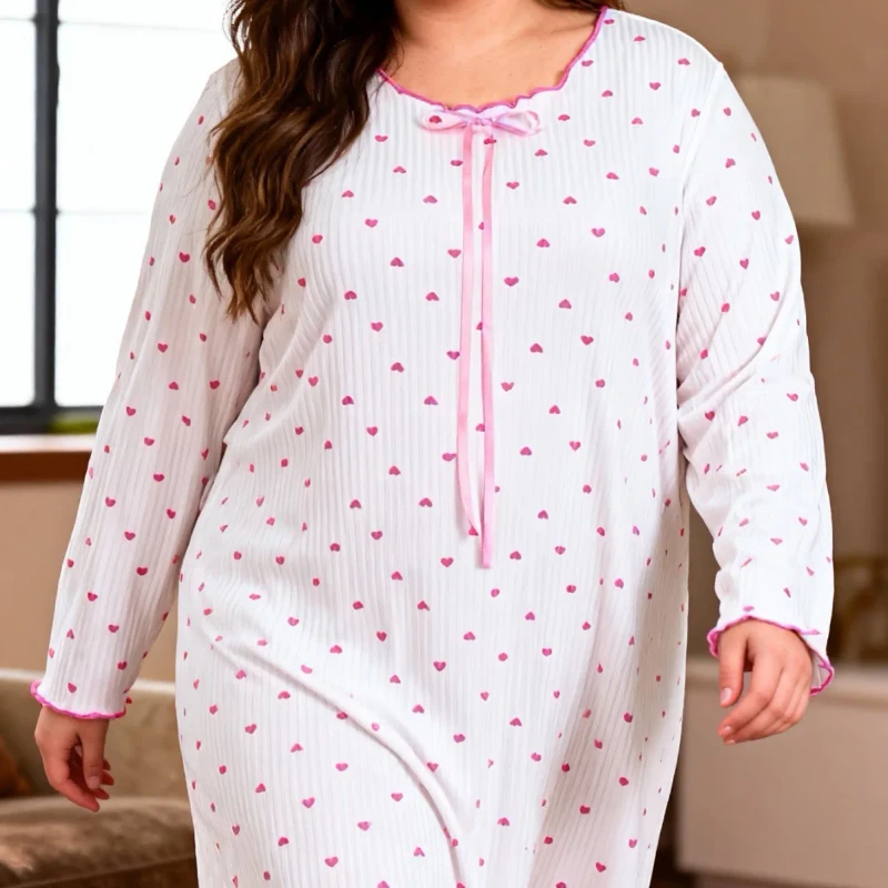 Women's Plus Size Striped Nightdress Long Sleeve Heart Bow Casual Home Dress