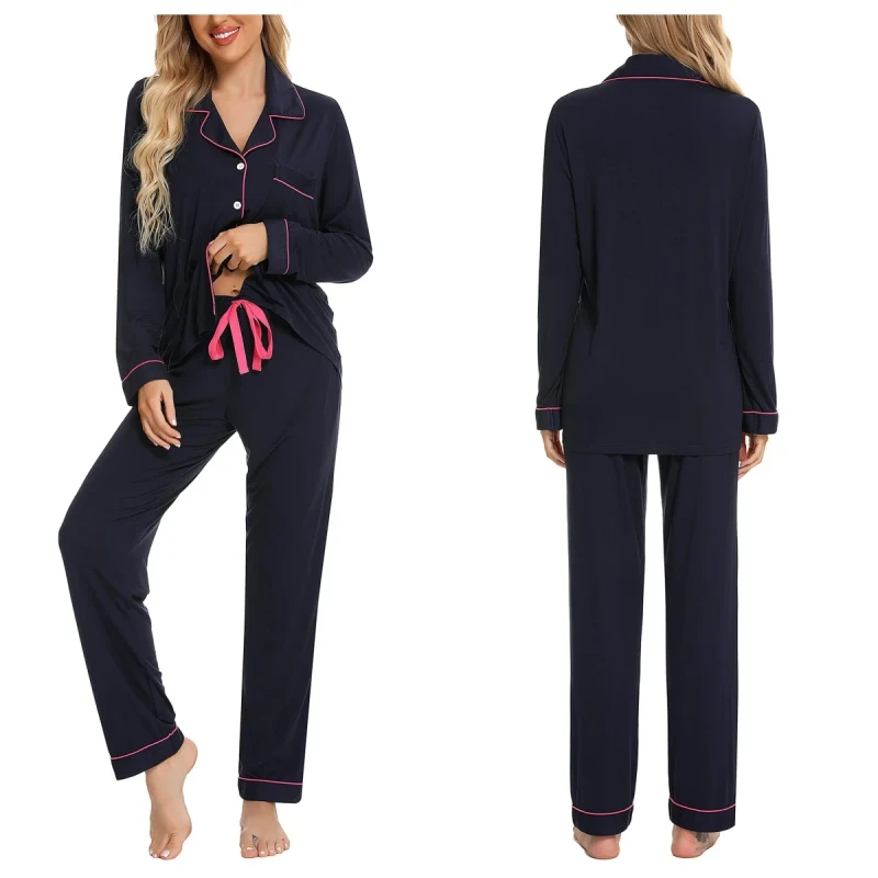 Women's Plus Size Thermal Long Sleeve Viscose Bamboo Lounge Wear Pajama Set Button Closure Elastic Waist Soft Solid