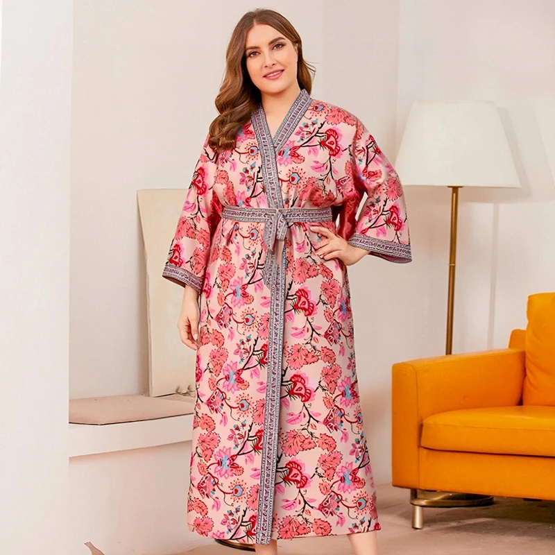 Women's Plus Size Vintage Kimono Style Soft Satin Silk Sleepwear Robe with Floral Print Pajama Long Nightgown