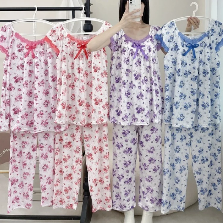 Women's Plus Sleepwear Short Sleeved Trousers 2Pcs Set Home Wear Casual Korean Night Suit Cool Soft Milk Silk Floral Pajamas