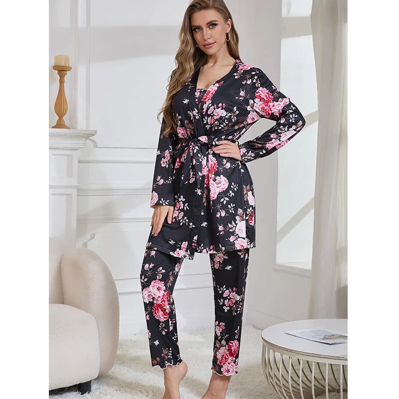 Women's Printed Loungewear Three-Piece Polyester Fiber Breathable Home Wear Set