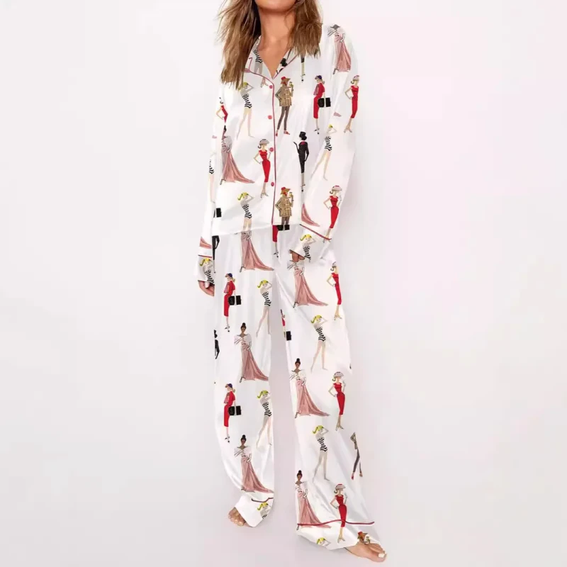 Women's Printed Polyester Long Sleeve Full Length Pajamas Set with Drawstring Closure for Summer Autumn