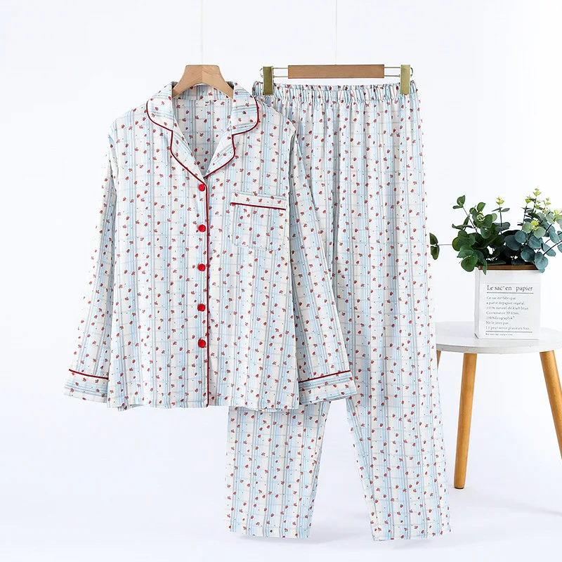 Women's Pure Cotton Double Layer Gauze Plaid Pajamas Pastoral Style Breathable and Soft for Spring Autumn Summer ODM Supply