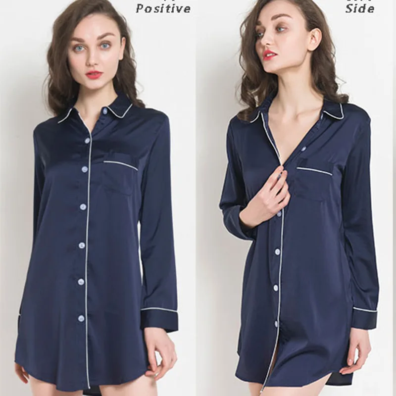 Women's Pure Desire Summer Nightdress Long Sleeve Korean Style Boyfriend Satin Shirt Front Logo Sexy Breathable Thin Plus