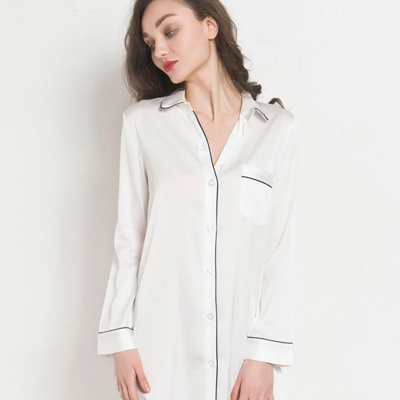 Women's Pure Desire Summer Nightdress Long Sleeve Korean Style Boyfriend Satin Shirt Front Logo Sexy Thin Plus Size Homewear