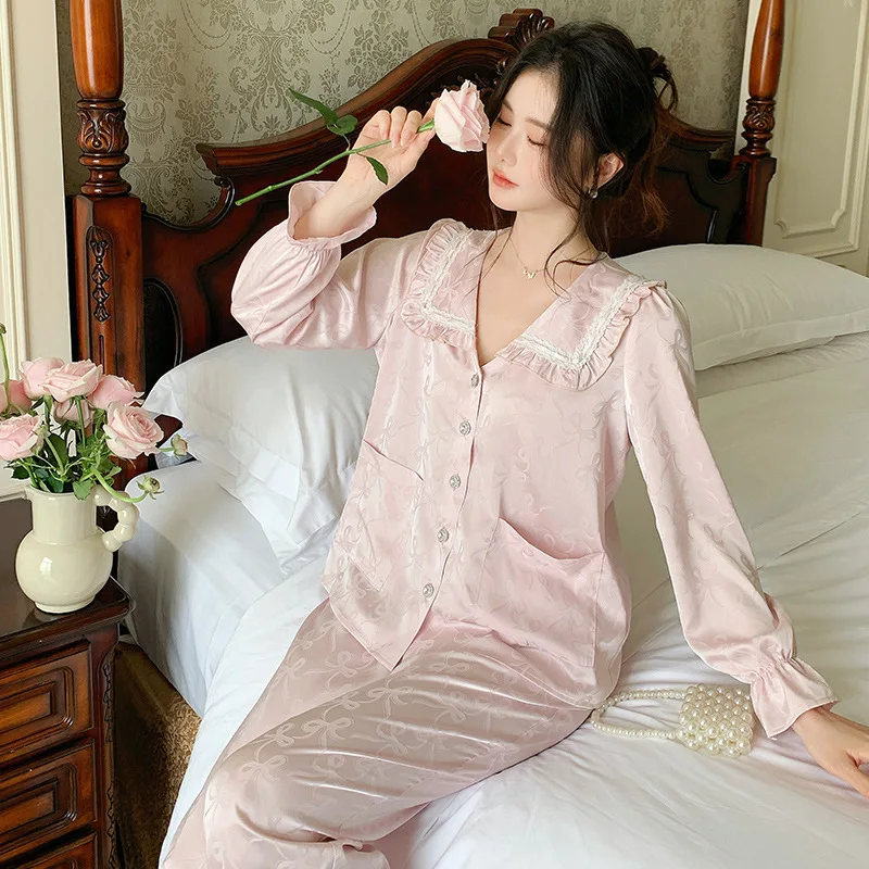 Women's Quick Dry Ice Silk Pajamas Set Ladies Sleepwear French Style Princess Print Long Sleeves Autumn Spring