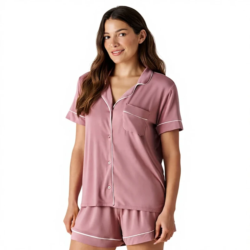 Women's Rayon Pyjamas Short Sleeve Thermal Front Logo Breathable Quick Dry Soft Loungewear Sleepwear Sets Winter ODM Drawstring