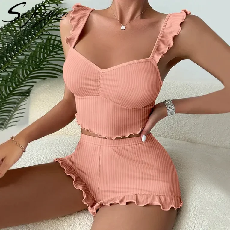 Womens-Ribbing-Camisole-and-Shorts-Solid-Color-Home-Wear-Set-Casual-Pajamas