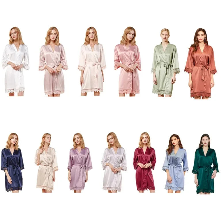 Womens-Robe-Solid-Color-Matte-Satin-With-Lace-Bridal-Wedding-Sleepwear-Breathable-XS-Size-for-Summer-Autumn-Spring