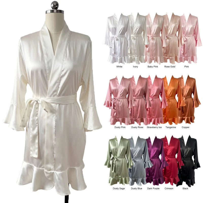 Women's Ruffled Hem Silk Satin Kimono Robe for Bridal Gown Nightdress Bridesmaids Ruffle Robes Wedding Party