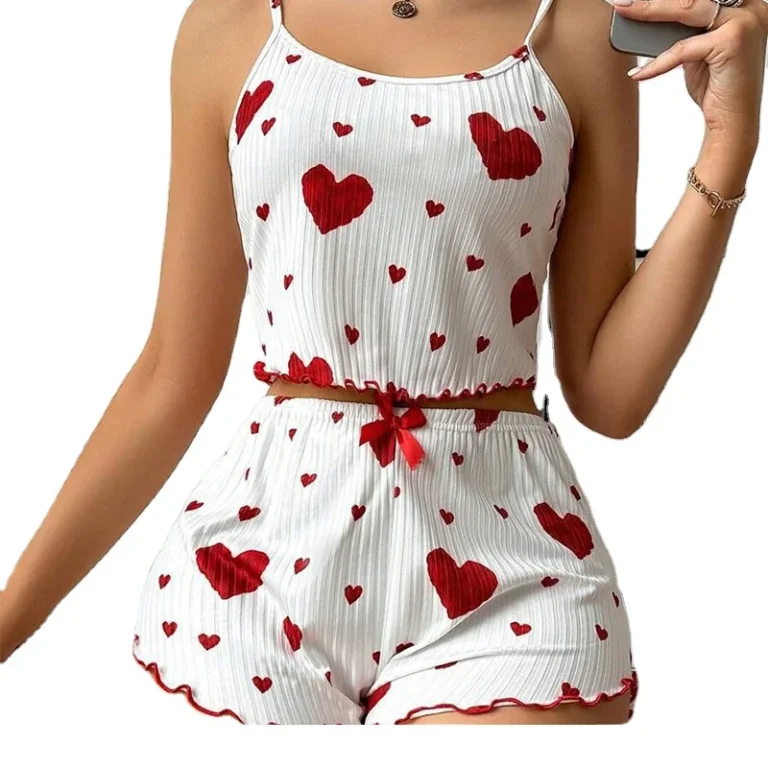 Womens-Satin-Home-Wear-Love-Print-Suspenders-Shorts-Casual-Outside-for-Europe-the-United-States-Womens-Pajamas