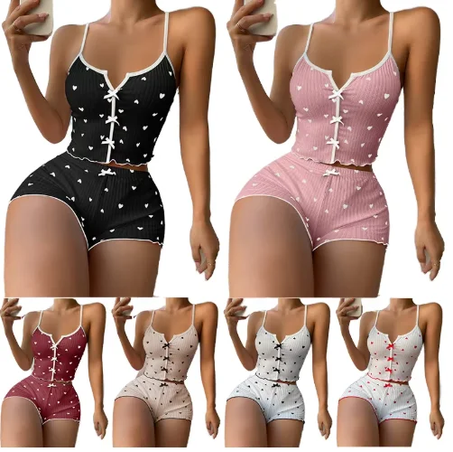Women's Satin Knitted Sleepwear Set Heart Shape Printed Camisole Pajama with Split Front Home Clothes