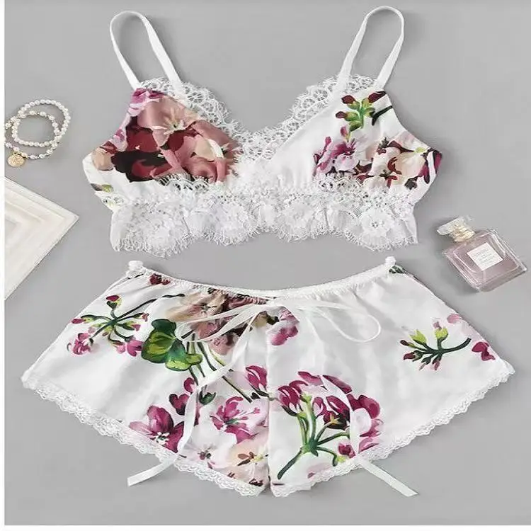 Womens-Satin-Lace-Trim-Camisole-Nightdress-Set-Sexy-V-Neck-Sleepwear-Shorts-Pajamas-Summer-Thin-Lingerie-Homewear