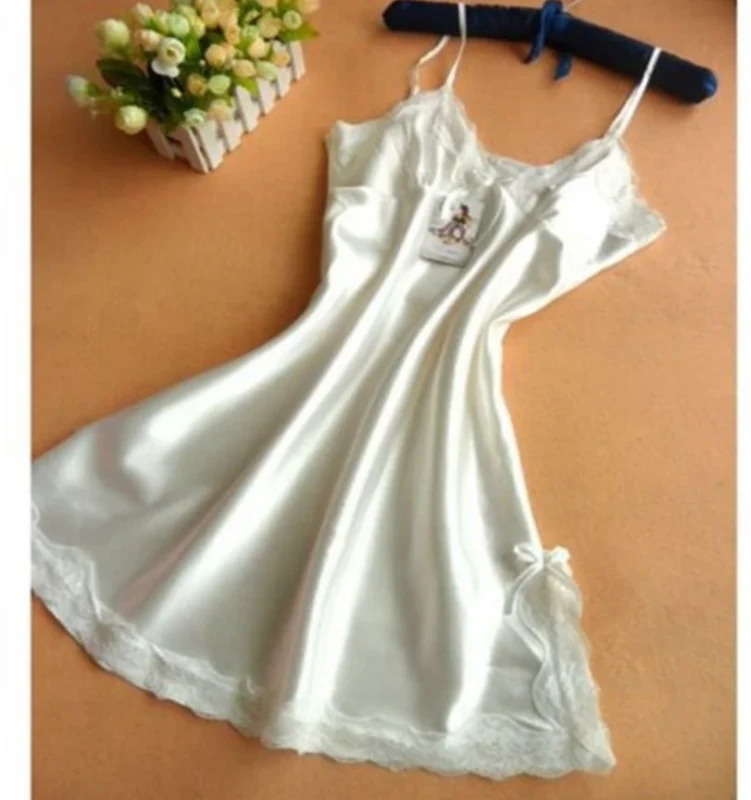 Women's Satin Nightgown V Neck Lace Bow Sling Sleep Dress for Summer OEM Available