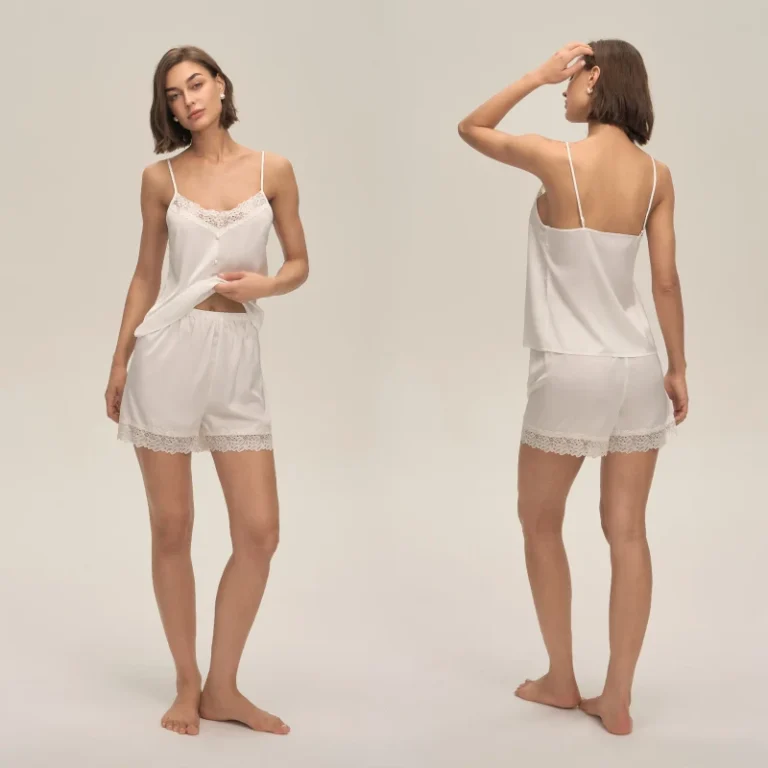 Womens-Satin-Pajama-Set-2-Piece-Lace-Trim-Cami-Top-and-Shorts-Silky-Sleepwear-Loungewear-Nightwear-Bridal-PJ-Set