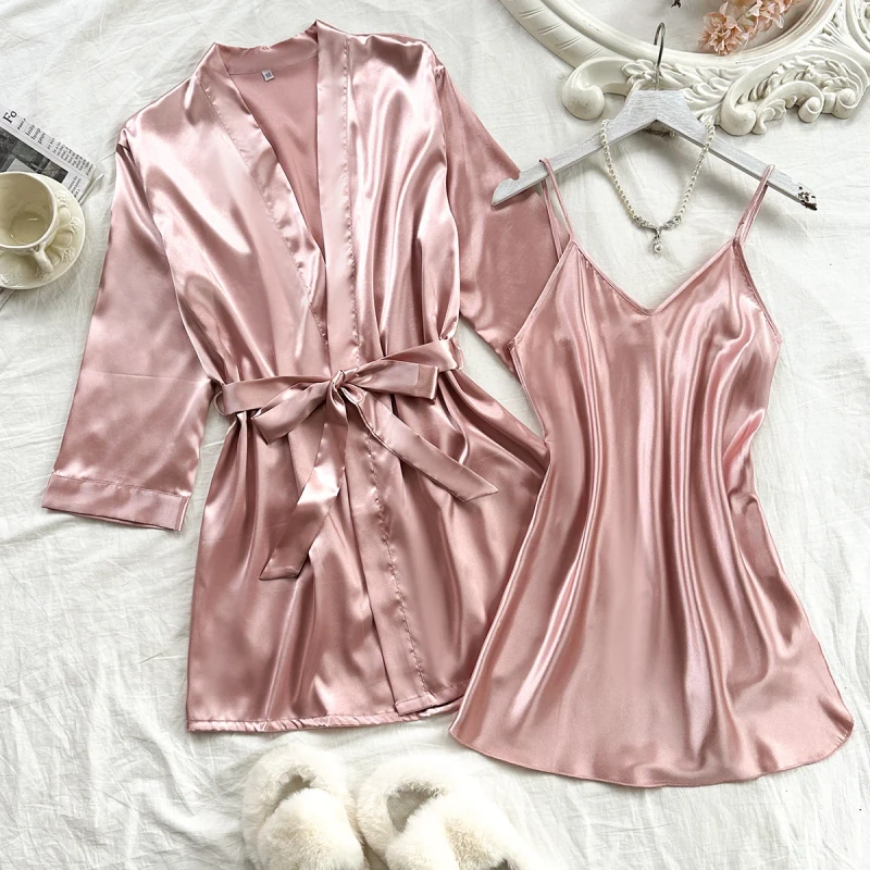 Women's Satin Pajama Set Long Breathable 2 Piece Hotel Bathrobe for Summer Autumn Spring Solid Color Sleepwear
