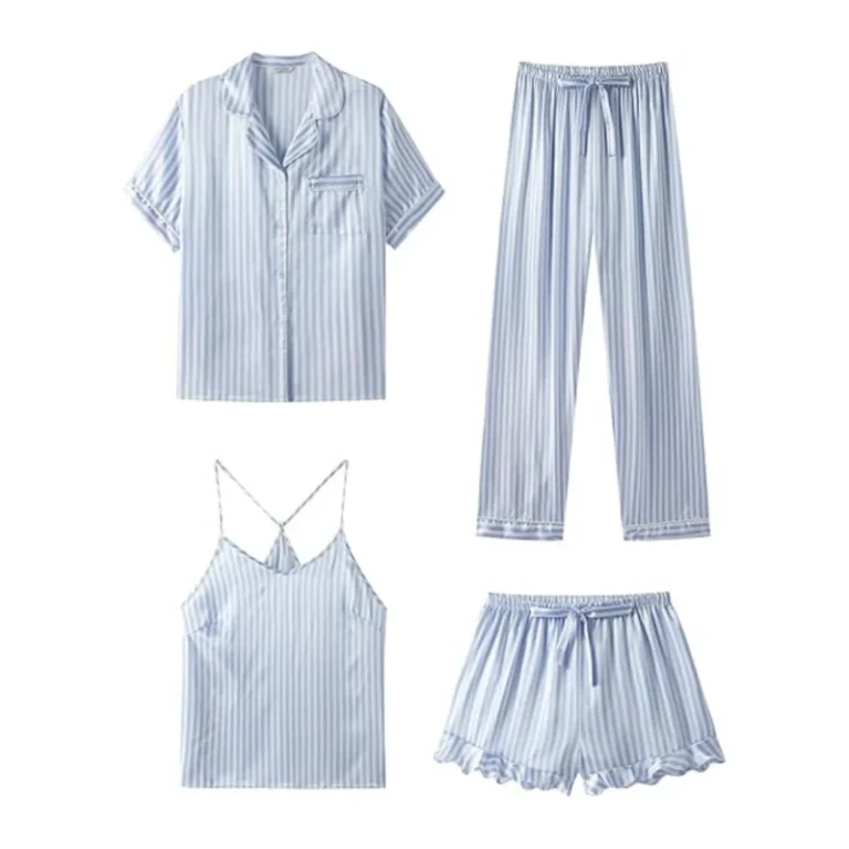 Womens-Satin-Silk-Pajamas-Set-2-Piece-Ruffle-Pjs-Winter-Matching-Lounge-Sleepwear-Button-Down-Striped-Shirt-Shorts