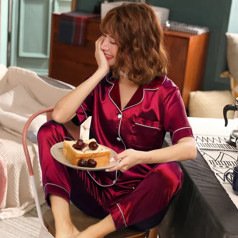 Womens-Satin-Silk-Striped-Summer-Pajamas-Set-Short-Sleeve-Button-Top-Shorts-Loungewear-2-Piece-Blue-Green-Medium