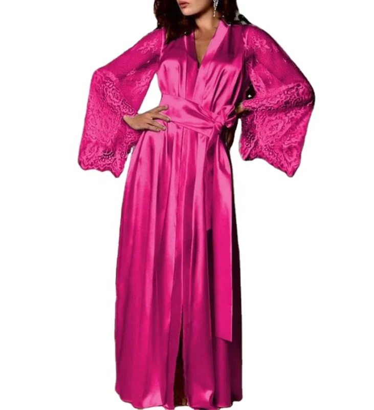 Women's Sexy Bathrobe Nightwear Lace Long Sleeve Long Nightgown Hot Popular Silk Sleepwear Nightdress