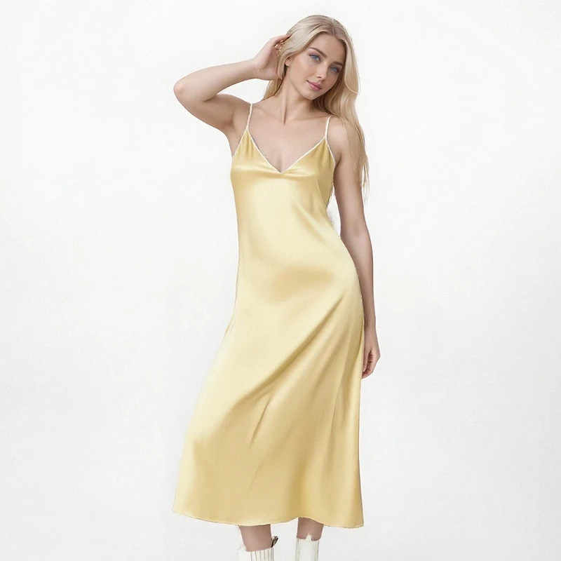 Women's Sexy Breathable Satin Knitted Fabric Nightdress Sleepwear Elastic Waist Machine Embroidery V neck XL Plain Summer Spring