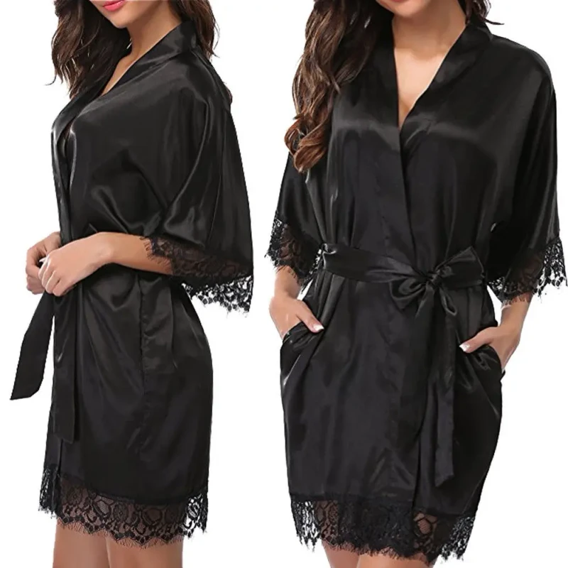 Women's Sexy Faux Satin Lace Robe Dress Nightdress XL Size Lingerie Bathrobe With Hollow Out Decoration Thin Fabric Plus Size