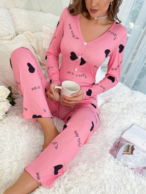 Women's Sexy Heart Pattern Jumpsuit Pajamas Long Sleeve One Piece Romper V Neck Button Up Bodycon Sleepwear