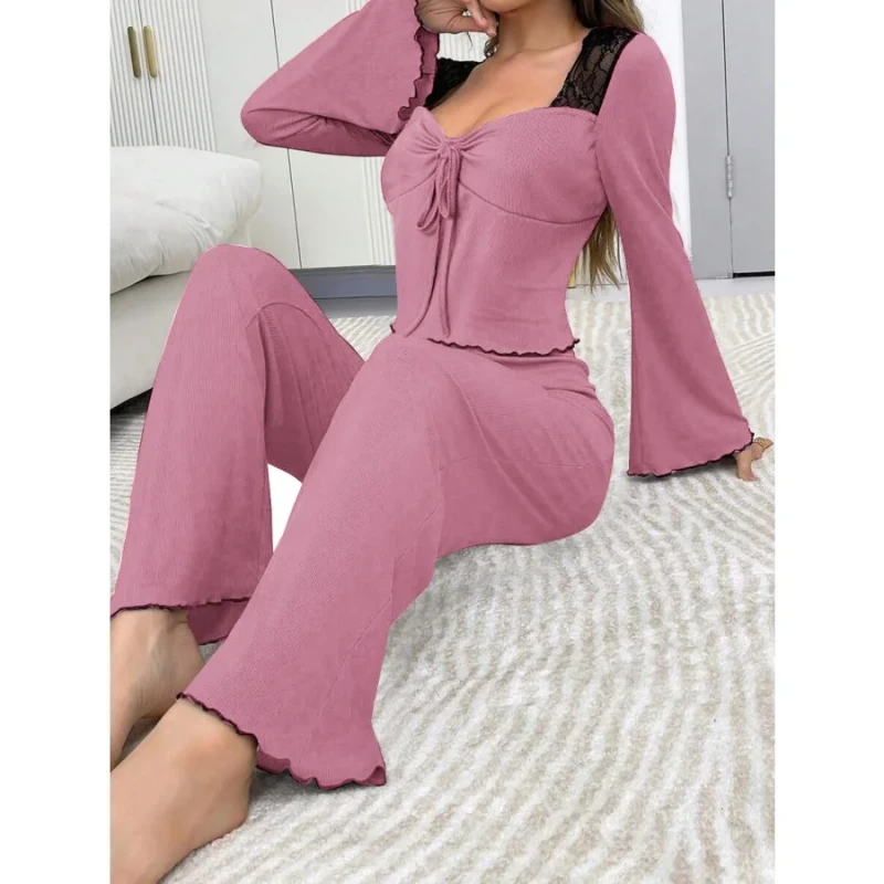 Women's Sexy Lace Decorated Pajama Set Elastic Waist Square Collar Breathable Long Pants