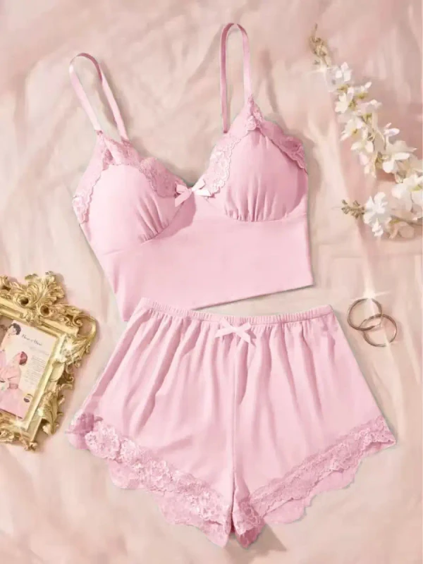 Women's Sexy Lace Trim Pajamas Home Wear Pajamas Camisole Shorts Two-Piece Set Solid Color Comfortable
