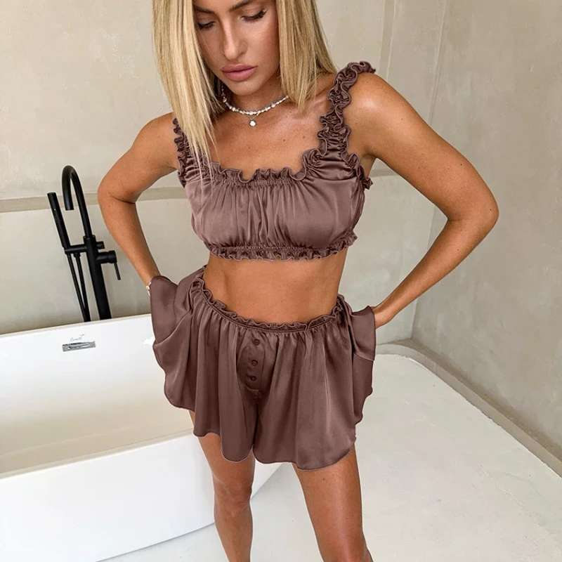 Womens Sexy Lingerie Summer Pajamas Sleepwear Sleeveless Set Camisole Ruffled Pj Satin 2 Pieces Nighty for Woman