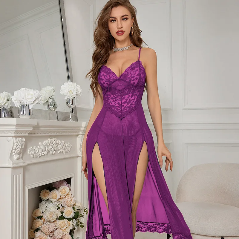 Women's Sexy Long Pajamas Transparent Mesh Slit Halter Underwear V neck Nightdress Lady Halter neck Romantic Dress Lingerie