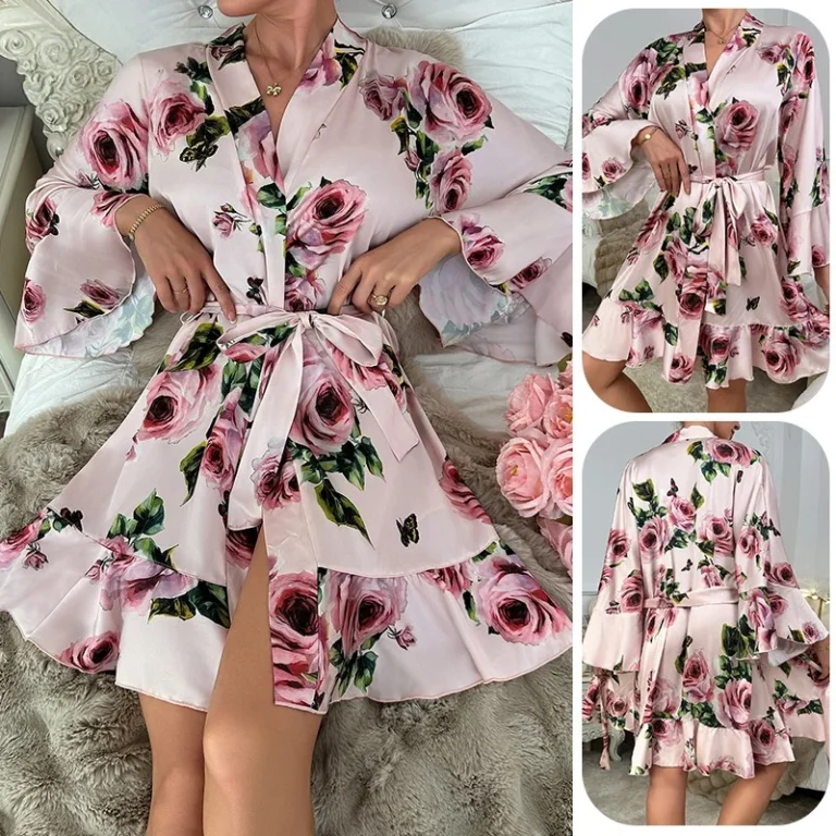 Womens-Sexy-Satin-Printed-Robe-Ruffle-Trim-Open-Front-Bathrobe-Silk-Like-Long-Sleeve-Loungewear-Nightwear
