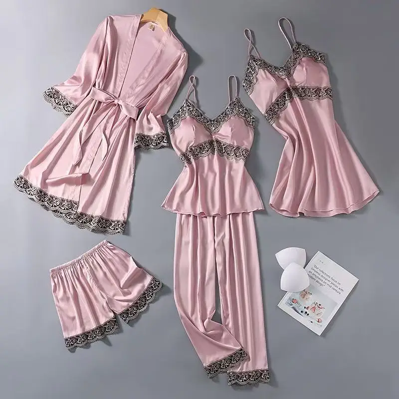 Women's Sexy Silk Floral Pajamas Set Breathable Quick Dry Satin Comfortable Sleepwear for Summer and Winter