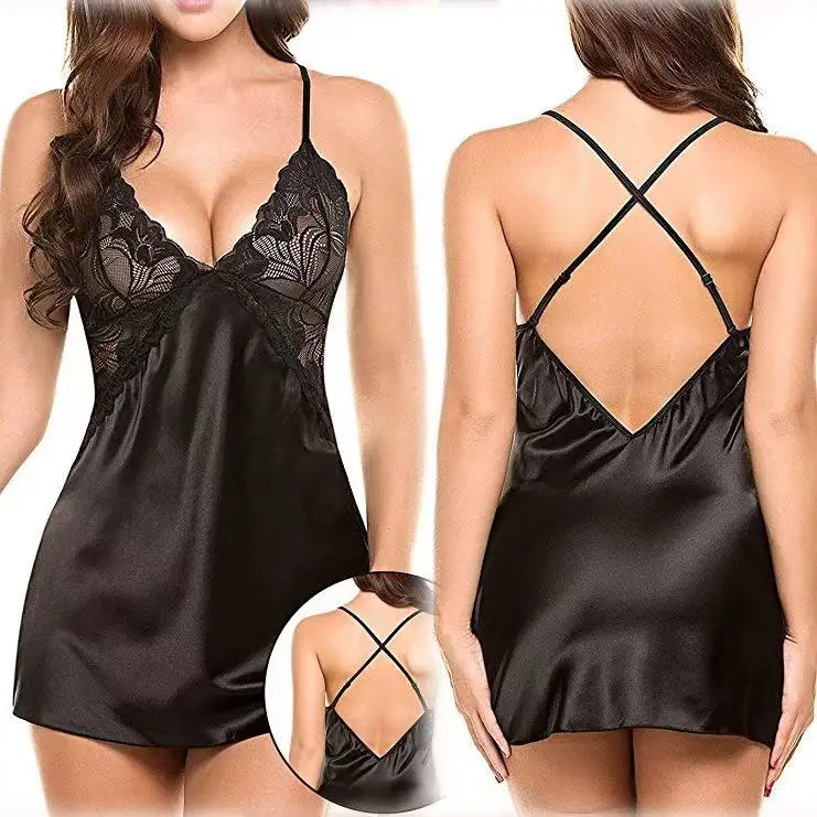 Women's Sexy Slip Dress Pajamas Silky Back Cross Slip Nightdress Solid Color Satin Seductive Home Wear Set Sexy Nighty Sleepwear