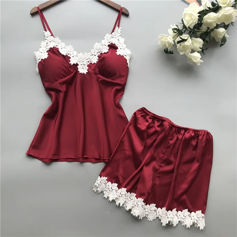 Women's Sexy Summer Camisole Nightgown Set Sleeveless Silk Pajama Shorts Quick Dry Drawstring Closure Sleepwear