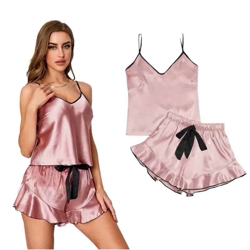 Women's Silk Floral Solid Short Sleeved Breathable Pajamas for Spring and Summer V Neck Camisole 2pcs Knitted Set