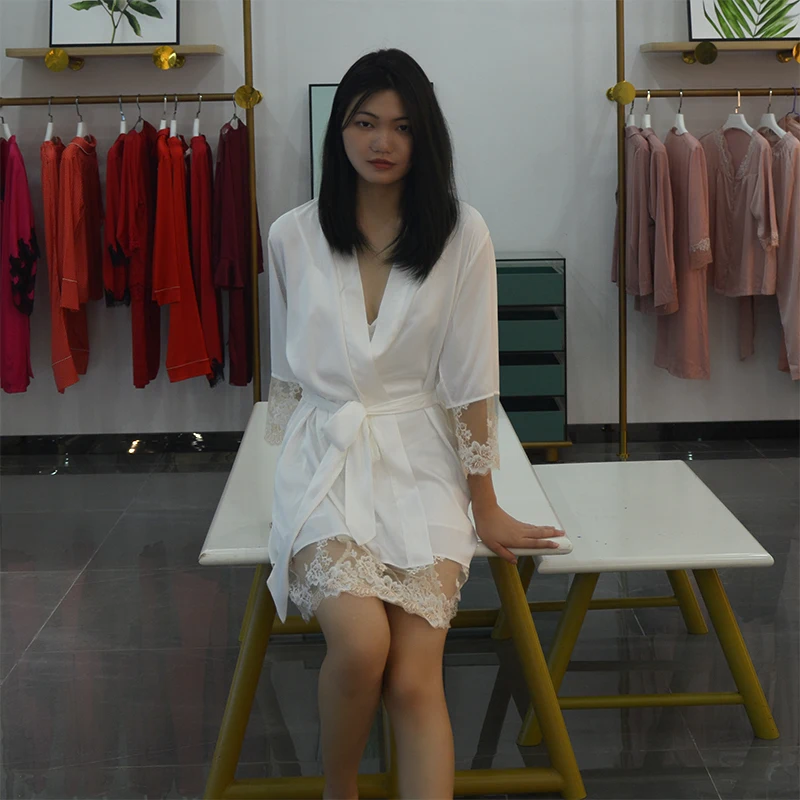 Women's Silk Kimono Dressing Gown Babydoll Lace Lingerie Robe Nightwear Bathrobe Nightdress Sleepwear Femme ROBES