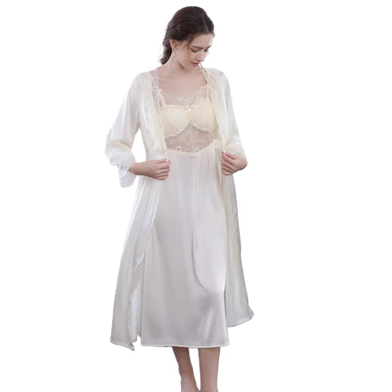 Women's Silk Pajamas Elegant Sexy Lace Nightdress Two piece Set Plus Size Long Robe Sleepwear