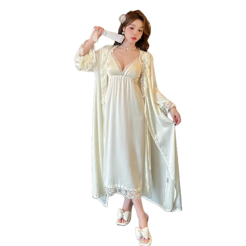 Women's Silk Pajamas Lace Halter Nightdress Sexy Ice Silk Chest Cushion Nightgown Two piece Plus Size Sleepwear