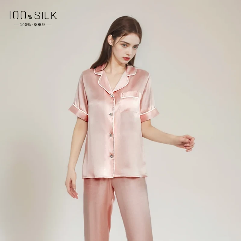 Women's Silk Pajamas Pink Mulberry Silk Pajamas Short Sleeve Satin Mulberry Silk Pajamas for Women