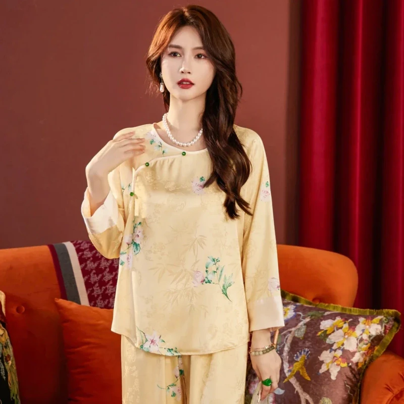 Women's Silk Pajamas Seven-Point Sleeve Guofeng O-Neck Home Clothing Floral