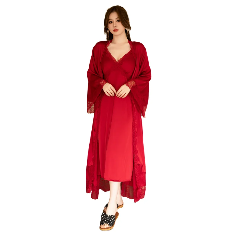 Women's Silk Pajamas Summer Sexy Halter Nightdress Satin Nightgown Home Wear Long Robe with Breast Cushion Two piece Sleepwear