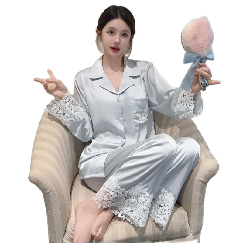 Women's Silk Satin Home Wear Pajamas Set Elegant Long Sleeves Embroidery Pajamas Elastic Waist Closure Solid